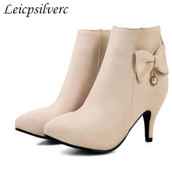 boots women autumn winter warm flock fashion zip butterfly-knot ankle boot black beige pink high-heeled shoe