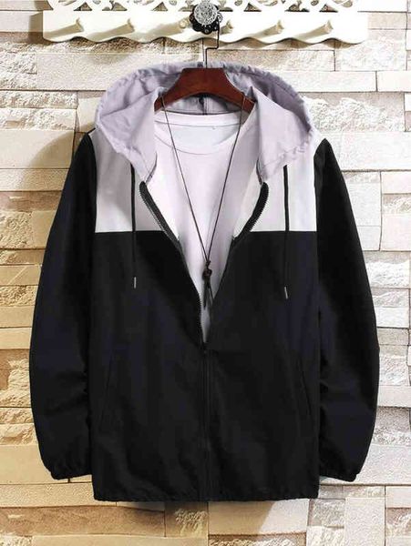 men color-block drawstring zip-up hooded windbreaker jacket men's trend versatile fashion casual color matching jacket 220119, Black;brown 
men color-block drawstring zip-up hooded windbreaker jacket men's trend versatile fashion casual color matching jacket 220119, Black;brown