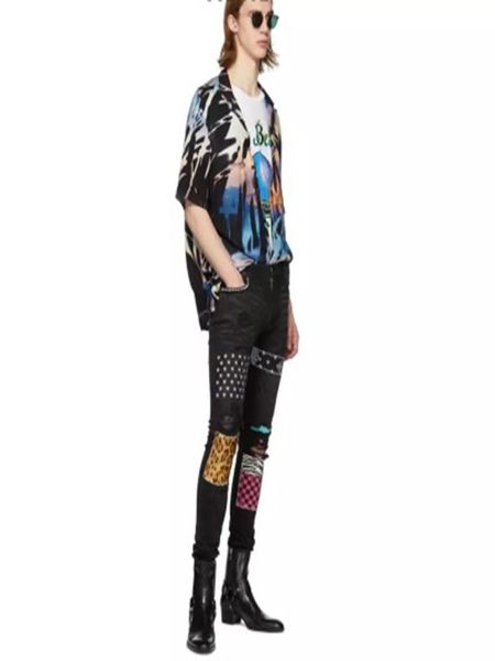 high street fashion brand black patch printed hole beggar pants men's slim feet pants men, Blue
high street fashion brand black patch printed hole beggar pants men's slim feet pants men, Blue