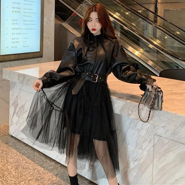 women's jacket autumn and winter quality temperament korean leather coat jacket stitching mesh long1, Black
women's jacket autumn and winter quality temperament korean leather coat jacket stitching mesh long1, Black