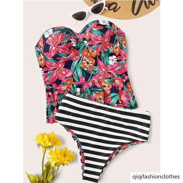 2021 outdoor single steel support printed high waist color matching split swimsuit for women, White;black
2021 outdoor single steel support printed high waist color matching split swimsuit for women, White;black