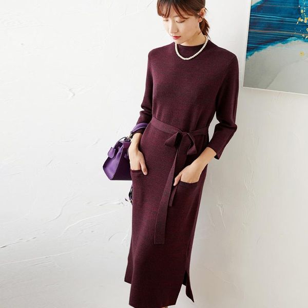 grape purple pure wool dress belt floral yarn half high collar knitted dress women autumn winter medium length, Black;gray
grape purple pure wool dress belt floral yarn half high collar knitted dress women autumn winter medium length, Black;gray