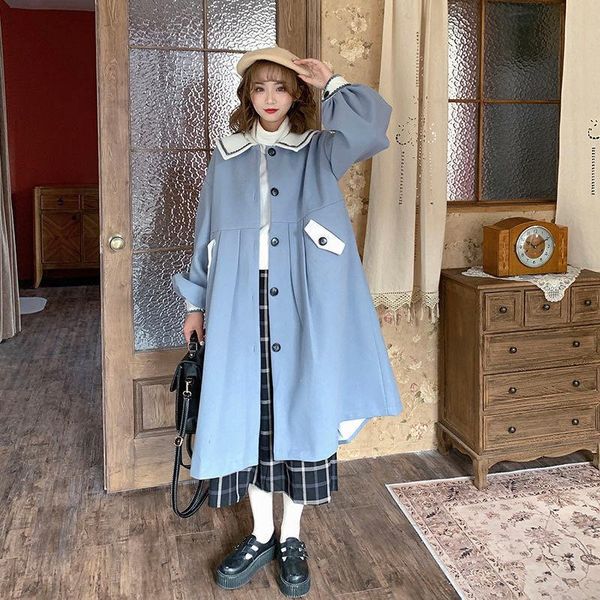 women's wool & blends retro college style coat japanese pure korean navy collar long loose warm temperament oversize, Black
women's wool & blends retro college style coat japanese pure korean navy collar long loose warm temperament oversize, Black
