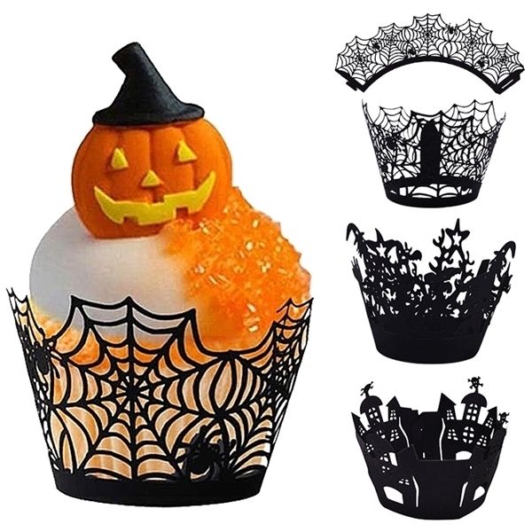 12pcs Cupcake Baking Cup Hollow Out Paper Cake Wrapper Witch Spiderweb Castle Halloween Decoration