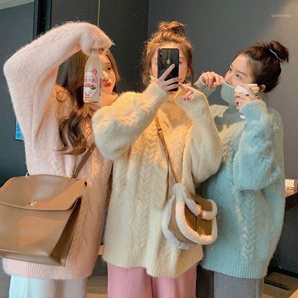 women's sweaters women 2021 autumn winter twist solid color female thicken warm loose ladies knitted pullover d6271, White;black 
women's sweaters women 2021 autumn winter twist solid color female thicken warm loose ladies knitted pullover d6271, White;black