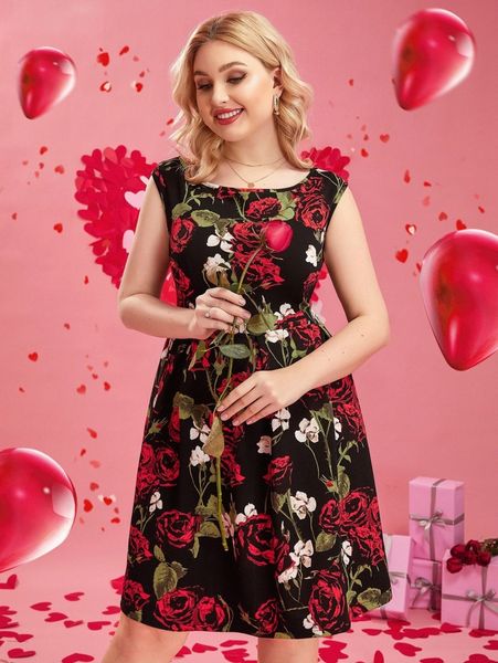plus floral print fold pleated dress 999z#, Black