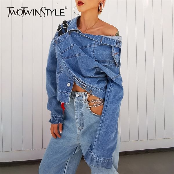 twotwinstyle asymmetrical denim jacket for women irregular neck long sleeve split streetwear short female new clothing 201210, Black;brown
twotwinstyle asymmetrical denim jacket for women irregular neck long sleeve split streetwear short female new clothing 201210, Black;brown