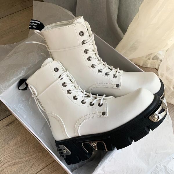 women's motorcycle ankle boots metal decoration thick sole black white lace up shoes round toe high heels b1341
women's motorcycle ankle boots metal decoration thick sole black white lace up shoes round toe high heels b1341