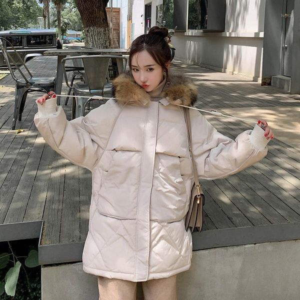 fur collar women coat long down jacket 2020 new winter parka loose coat female overcoat fashion hooded warm down wm811, Black