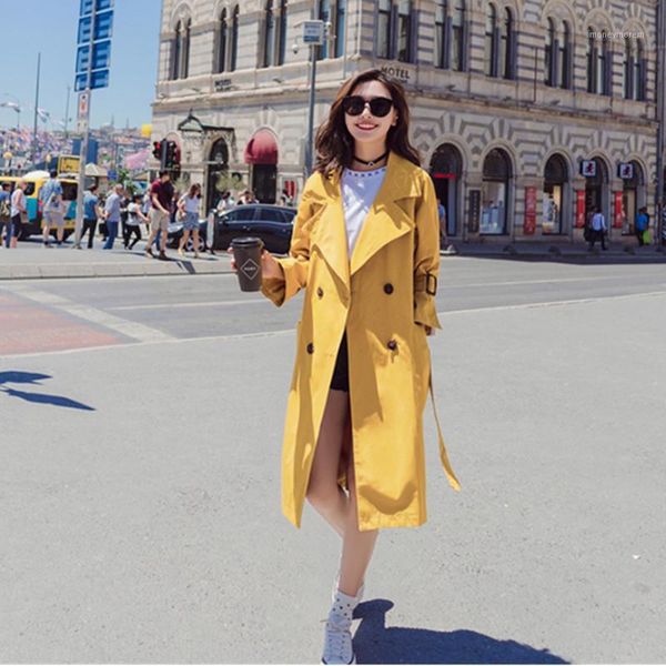 women's medium long trench with belt 2020 spring autumn female double breasted loose yellow coat ladies windbreaker coats w6581, Tan;black
women's medium long trench with belt 2020 spring autumn female double breasted loose yellow coat ladies windbreaker coats w6581, Tan;black