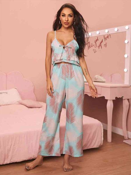 tropical print pajamas set ruffle hem loungewear satin cami and panty tie front sleepwear soft home suit, Black;red
tropical print pajamas set ruffle hem loungewear satin cami and panty tie front sleepwear soft home suit, Black;red