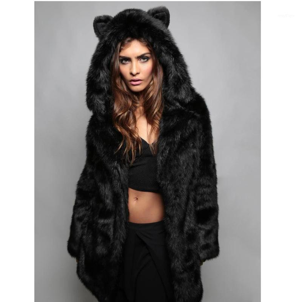 women's autumn/winter european and american new style hooded mid-length ladies faux fur jacket with ears1, Black
women's autumn/winter european and american new style hooded mid-length ladies faux fur jacket with ears1, Black