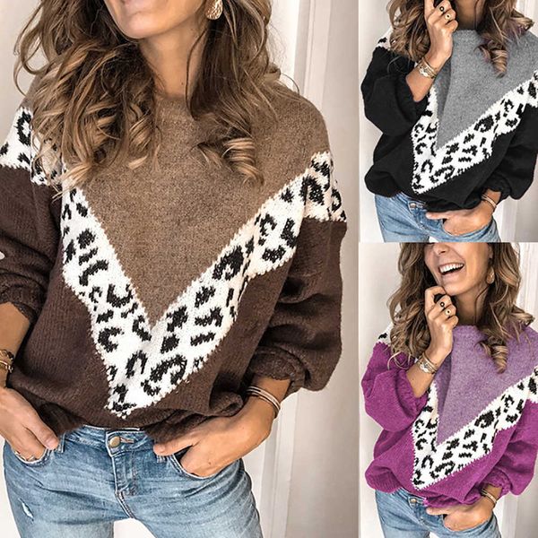 autumn winter style women european and american retro contrast color women's leopard stitching sweater, White;black
autumn winter style women european and american retro contrast color women's leopard stitching sweater, White;black