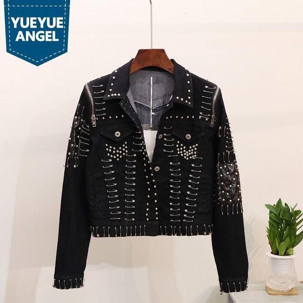 spring long sleeve punk rivet brooch zipper womens jeans short coats single breasted lapel slim fit female denim jackets, Black;brown
spring long sleeve punk rivet brooch zipper womens jeans short coats single breasted lapel slim fit female denim jackets, Black;brown