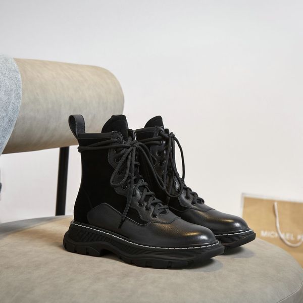 2021 new sewing round toe casual ankle cow leather flock short boots autumn winter zipper lace up women shoes size 34-39 22fr, Black
2021 new sewing round toe casual ankle cow leather flock short boots autumn winter zipper lace up women shoes size 34-39 22fr, Black