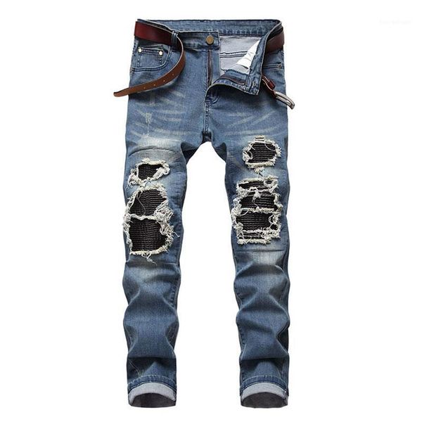 men's jeans mcikkny men ripped pleated pants knee patchwork stretch denim trousers for male streetwear size 28-421, Blue
men's jeans mcikkny men ripped pleated pants knee patchwork stretch denim trousers for male streetwear size 28-421, Blue