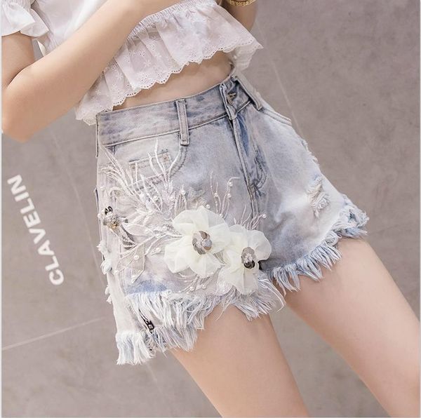summer denim fashion high waist flower embroidery embroidered flares women shorts loose girl short kg-187, Blue 
summer denim fashion high waist flower embroidery embroidered flares women shorts loose girl short kg-187, Blue