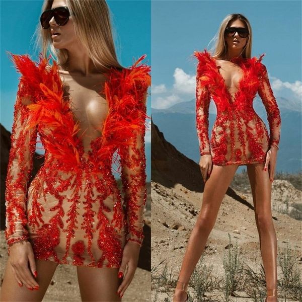 short prom dresses luxury feather appliqued bling beads mermaid evening dresses sheer illusion long sleeves party dress custom made, Black
short prom dresses luxury feather appliqued bling beads mermaid evening dresses sheer illusion long sleeves party dress custom made, Black