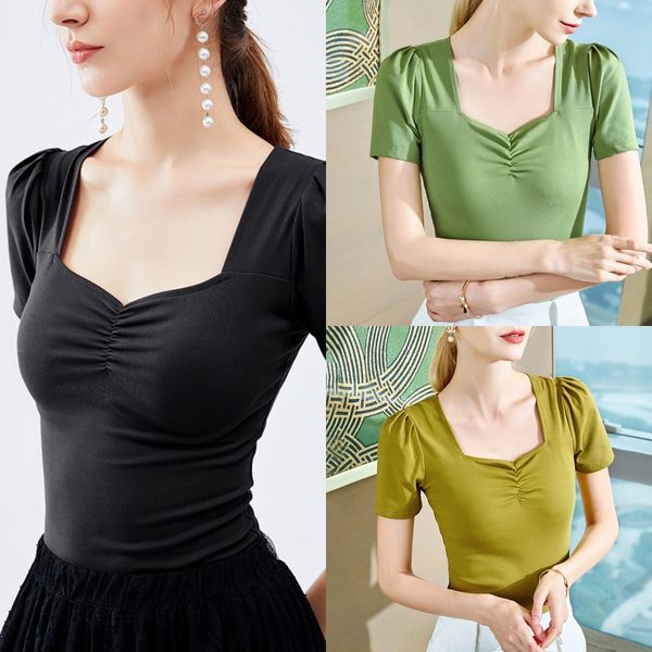 french square neck short sleeve t-shirt for women's summer new style bubble sleeve elastic tight revealing collar coat t-shirt bone, White
french square neck short sleeve t-shirt for women's summer new style bubble sleeve elastic tight revealing collar coat t-shirt bone, White