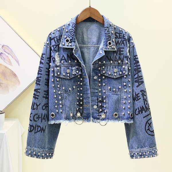 

women's jackets spring autumn fashion handwork beading diamonds graffiti print denim jacket coat women outerwear holes short jeans fema, Black;brown