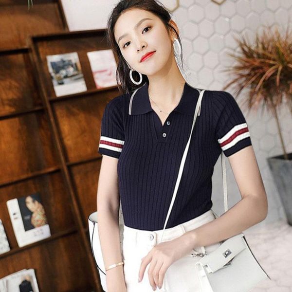 new women t shirt summer stripe slim knitted short sleeve lapel casual t-shirt clothing, White
new women t shirt summer stripe slim knitted short sleeve lapel casual t-shirt clothing, White