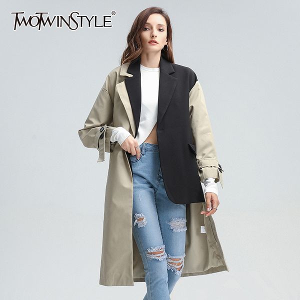 twotwinstyle patchwork hit color windbreaker for women v neck long sleeve asymmetrical hem sashes windbreakers 2020 fashion tide 1028, Tan;black 
twotwinstyle patchwork hit color windbreaker for women v neck long sleeve asymmetrical hem sashes windbreakers 2020 fashion tide 1028, Tan;black