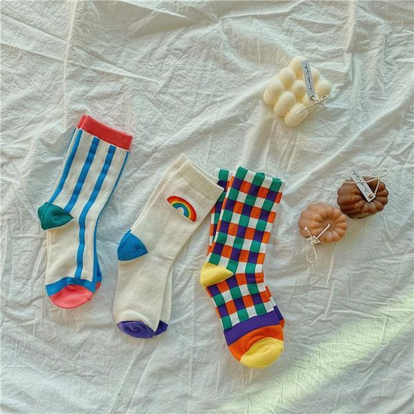 kids socks korean toddler rainbow plaid stripe cotton socks for girl and boy1, Pink;yellow