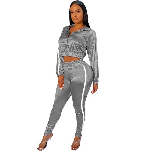 l177 cross-border european and american womens clothing wholesale fashion all-light material luminous strip stitching sports two-piece set, Gray
l177 cross-border european and american womens clothing wholesale fashion all-light material luminous strip stitching sports two-piece set, Gray