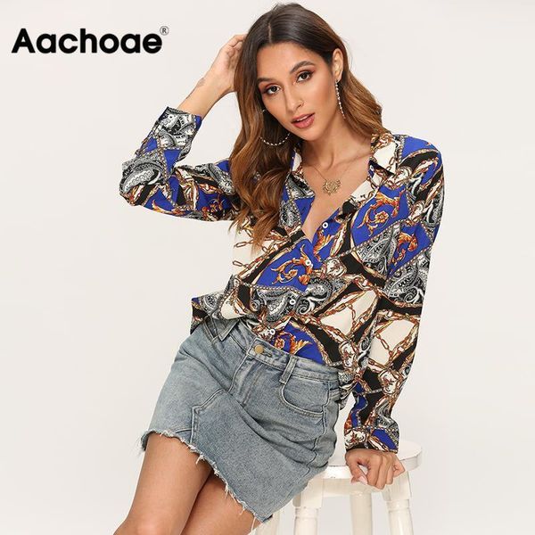 blouse women long sleeve leisure shirt 2020 vintage chain print casual blouses turn down collar ladies office plus size xxl1, White 
blouse women long sleeve leisure shirt 2020 vintage chain print casual blouses turn down collar ladies office plus size xxl1, White
