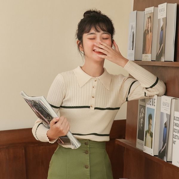 new polo neck elastic slim stripe t-shirt coat t-shirt for women's korean academic long sleeve versatile boqrt, White;black
new polo neck elastic slim stripe t-shirt coat t-shirt for women's korean academic long sleeve versatile boqrt, White;black