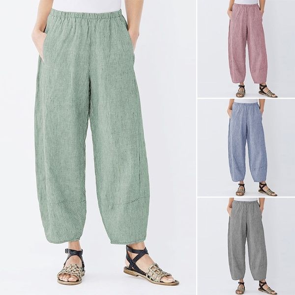 women's striped pants zanzea vintage elastic waist pant female streetwear pantalon palazzo plus size woman lantern trousers y200418, Black;white 
women's striped pants zanzea vintage elastic waist pant female streetwear pantalon palazzo plus size woman lantern trousers y200418, Black;white