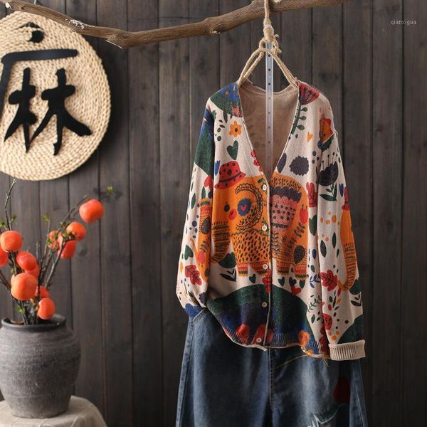 2020 autumn new retro printed v-neck knitted cardigan women loose plus size sweater coat1, White
2020 autumn new retro printed v-neck knitted cardigan women loose plus size sweater coat1, White