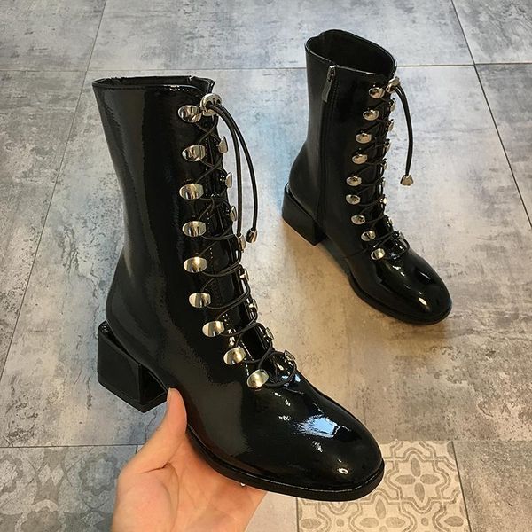 european brand 2020 rivets shoes lace-up metal fashion booties thick heels patent leather botas mujer chic mid-high punk boots, Black
european brand 2020 rivets shoes lace-up metal fashion booties thick heels patent leather botas mujer chic mid-high punk boots, Black