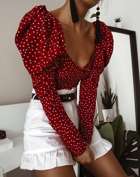v neck vintage red polka dot blouse print shirt office lady wrap elegant blouse women puff long sleeve crop top, White
v neck vintage red polka dot blouse print shirt office lady wrap elegant blouse women puff long sleeve crop top, White