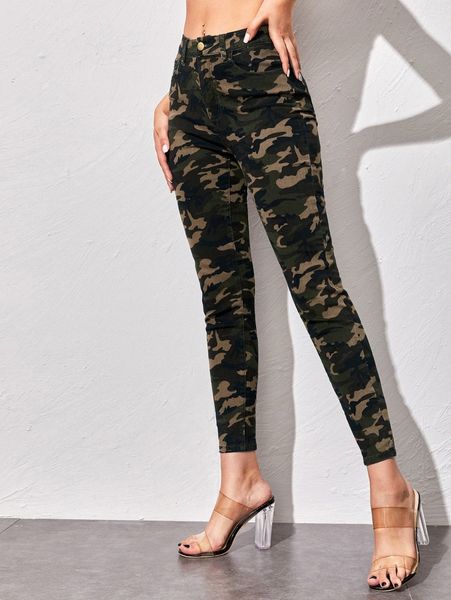 high waist high stretch camo skinny jeans p6r1#, Blue