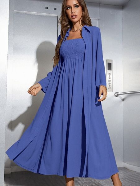 shirred cami dress & open front coat g3ch#, White 
shirred cami dress & open front coat g3ch#, White