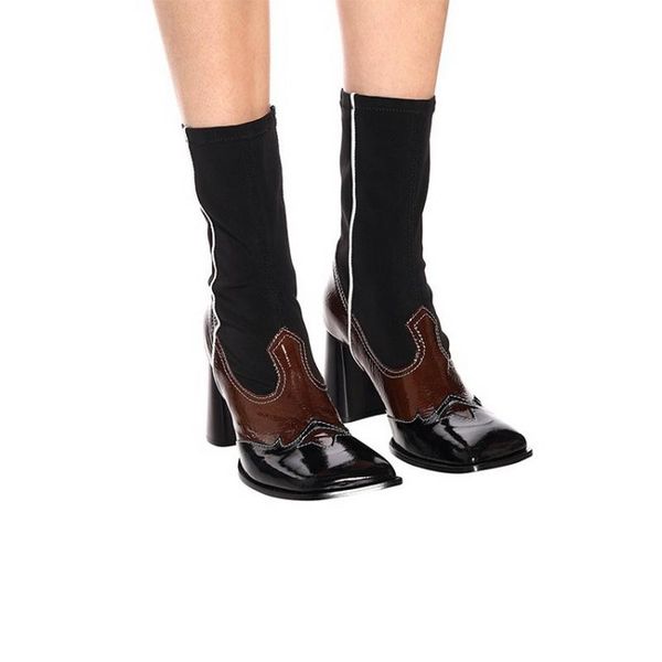 women square toe sock boots block heel leather patchwork celebrity shoes women, Black
women square toe sock boots block heel leather patchwork celebrity shoes women, Black