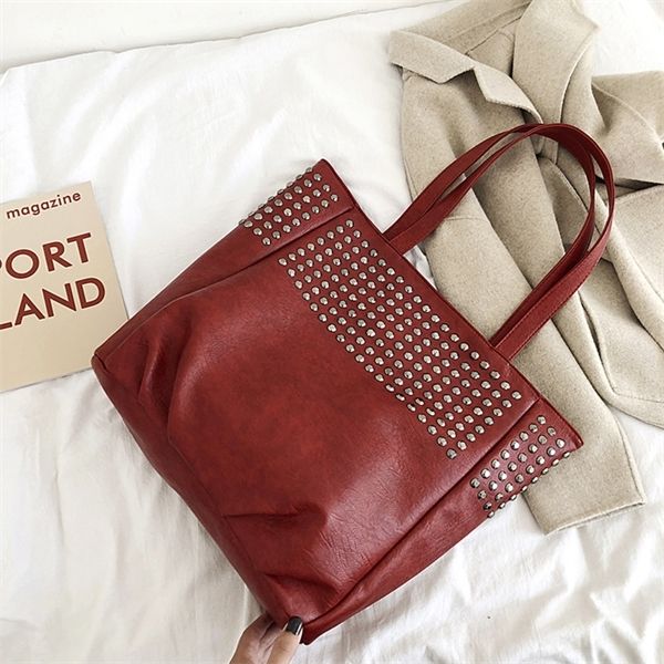 fashion rivet shoulder for leather luxury handbags women designer ladies hand bag big totes handle bags sac a main femme c1223