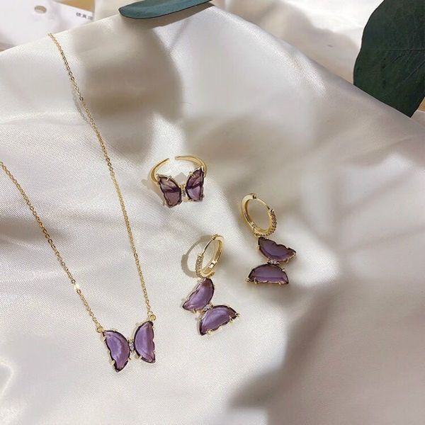 new fashion girl pink purple color glass butterfly earring necklace ring set of collarbone neck chain female jewelry for women, Silver
new fashion girl pink purple color glass butterfly earring necklace ring set of collarbone neck chain female jewelry for women, Silver