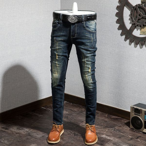 men's jeans 2021 latest retro men's perforated jeans korean slim small straight elastic make old fashion brand youth leggings, Blue
men's jeans 2021 latest retro men's perforated jeans korean slim small straight elastic make old fashion brand youth leggings, Blue