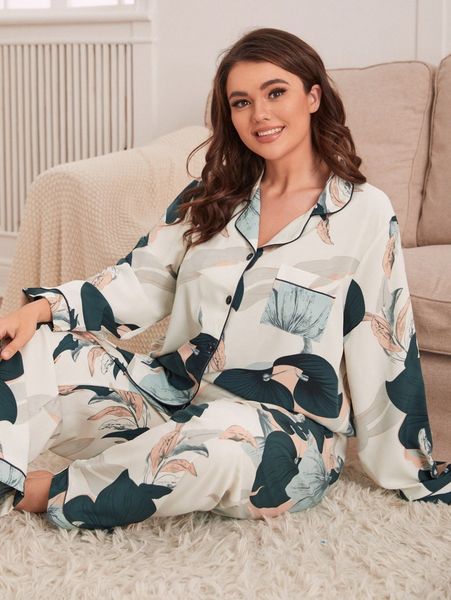 plus floral print contrast piping blouse & pants pj set y6zy#, Black;white
plus floral print contrast piping blouse & pants pj set y6zy#, Black;white