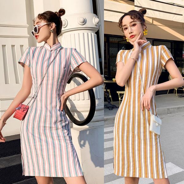 vintage cotton linen stripe cheongsam slim long summer new vestidos short sleeve qipao chinese traditional women dress1, Red 
vintage cotton linen stripe cheongsam slim long summer new vestidos short sleeve qipao chinese traditional women dress1, Red