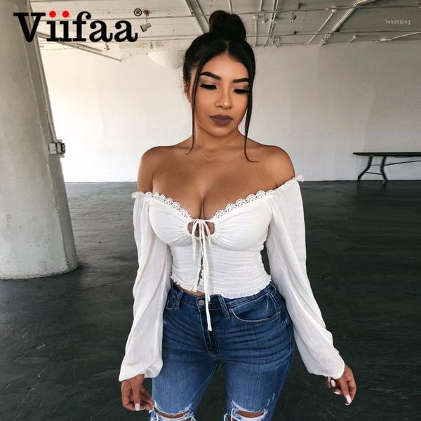 

viifaa lace insert white tie front frilled long sleeve shirred crop blouses women button off shoulder streetwear 1