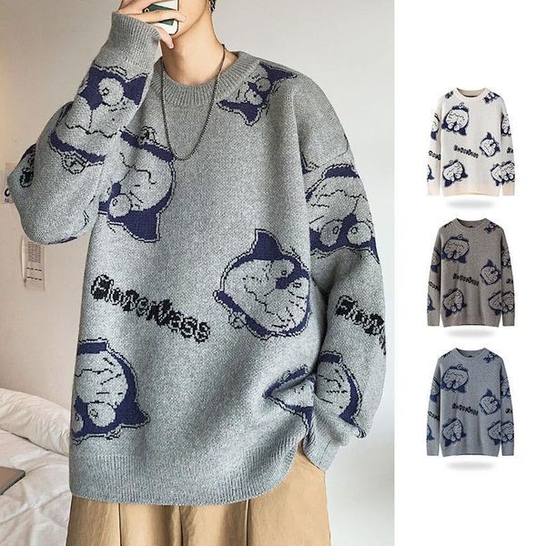 men's fashion long sleeve knitted sweater kawaii cat round neck hoodies lovers' autumn winter pullovers casual streetwear, White;black 
men's fashion long sleeve knitted sweater kawaii cat round neck hoodies lovers' autumn winter pullovers casual streetwear, White;black