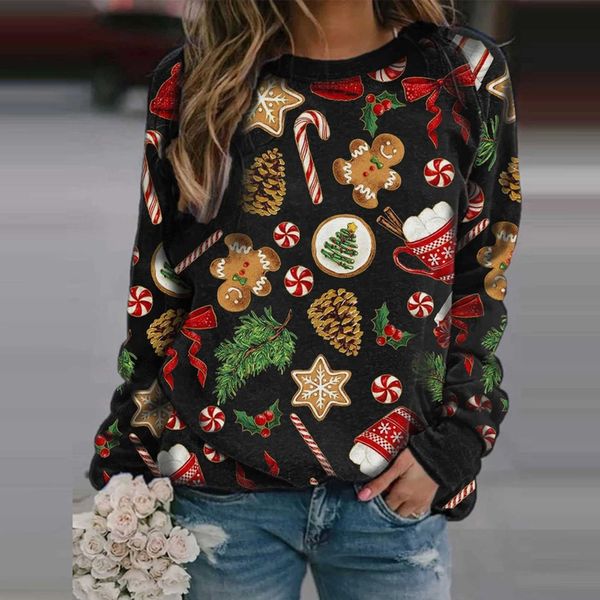 women's christmas new printed crew neck long sleeve fleece sweater, White;black
women's christmas new printed crew neck long sleeve fleece sweater, White;black