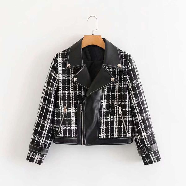 q5996 - korean 2020 spring and autumn new tweed plaid splicing leather coat women's clothing, Black
q5996 - korean 2020 spring and autumn new tweed plaid splicing leather coat women's clothing, Black