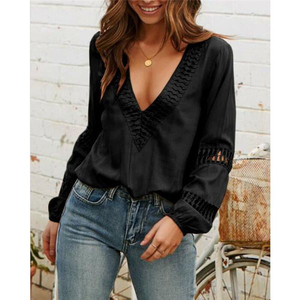 women's blouses & shirts elegant long sleeve blouse solid color deep v-neck autumn women female office lantern shirt, White
women's blouses & shirts elegant long sleeve blouse solid color deep v-neck autumn women female office lantern shirt, White