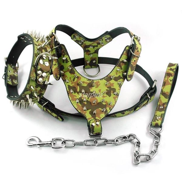 spiked studded leather dog pet collar harness leash 3pcs set walking pitbull boxer for medium la jllqnu