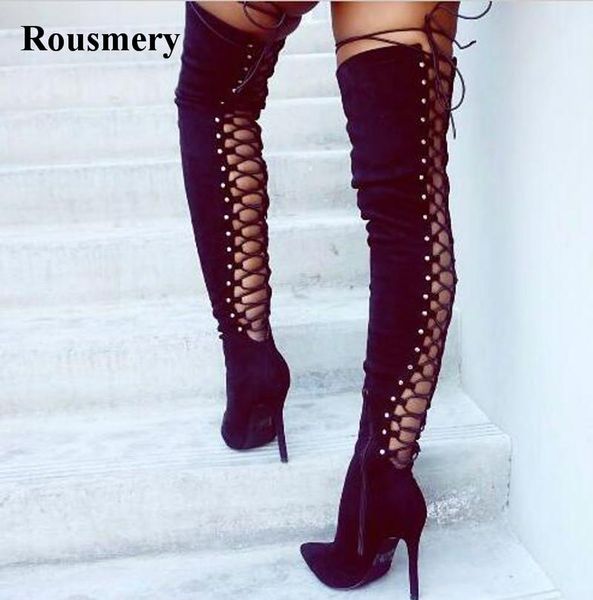 new fashion women fashion pointed toe suede leather lace-up over knee gladiator boots back cut-out high heel long boots, Black
new fashion women fashion pointed toe suede leather lace-up over knee gladiator boots back cut-out high heel long boots, Black