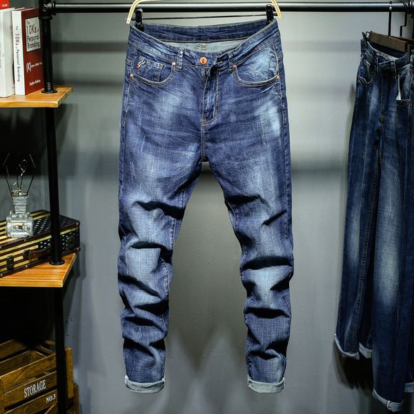 2019 new dilapidated jeans slim leggings korean men's light casual pants, Blue